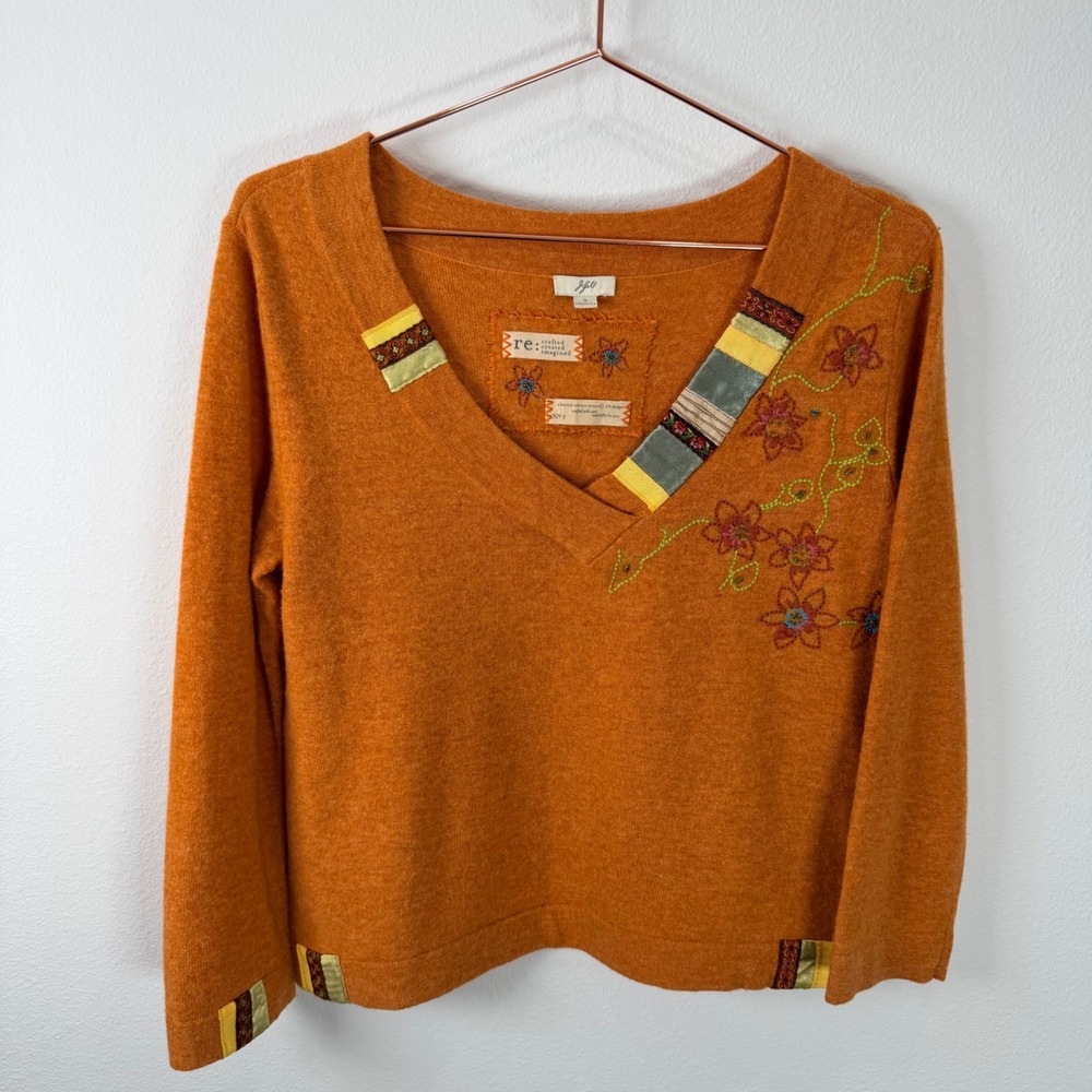 J. Jill Re: Crafted Limited Edition Lambswool Blend V-Neck Sweater Orange Small